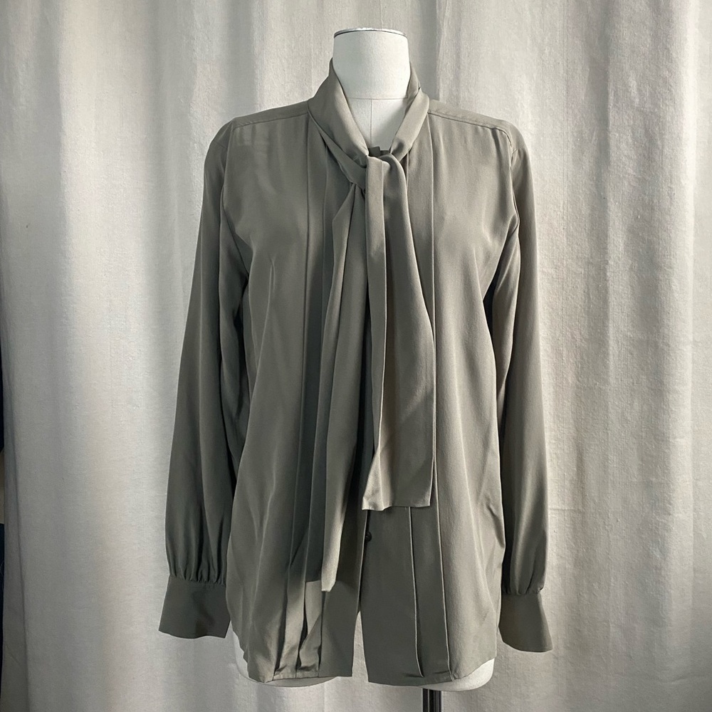 BLK DNM Tie Neck Silk long sleeve Blouse Taupe Button Down NWT Sz M